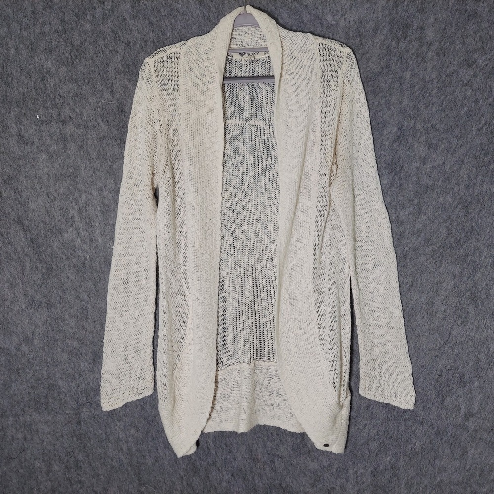 Roxy Cardigan Women L Cream Boho Crochet Knit Beachy Layering Resort Open Front
